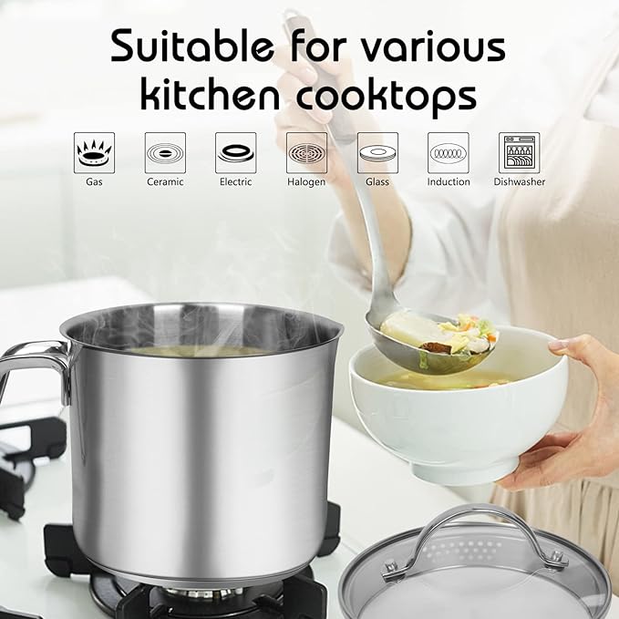 1.5 Quart Stainless Steel Saucepan with Pour Spout, Saucepan with Glass Lid, 6 cups Burner Pot with Spout - for Boiling Milk, Sauce, Gravies, Noodles