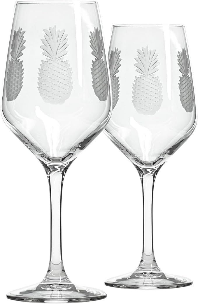 Rolf Glass Fresh Pineapple White Wine Glass | 10.75oz | Lead-Free and Diamond-Wheel Engraved | Made in the USA | Tropical Glassware with Etched Pineapple Design | Set of 2