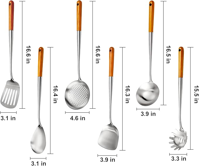 16.6 inch Stainless Steel Kitchen Utensils Set with Wood Handle, 6pcs Long Metal Cooking Utensils Set for Commercial Includes Wok Spatula, Ladle, Skimmer, Slotted Turner, Spoon