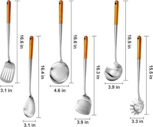 16.6 inch Stainless Steel Kitchen Utensils Set with Wood Handle, 6pcs Long Metal Cooking Utensils Set for Commercial Includes Wok Spatula, Ladle, Skimmer, Slotted Turner, Spoon