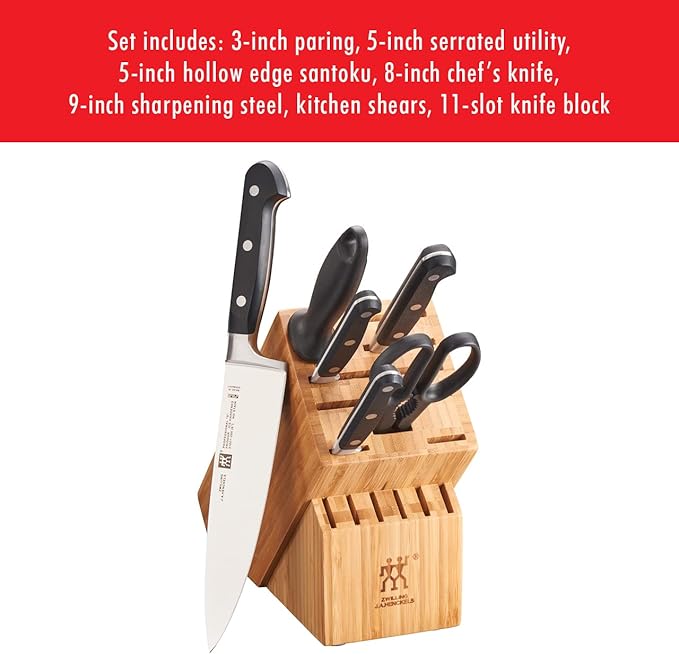 ZWILLING Professional S Knife Set with Block, Chef’s Knife, Serrated Utility Knife, 7 Piece, Bamboo