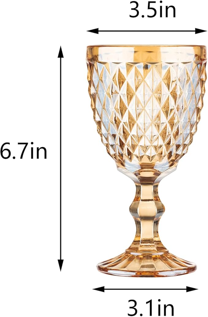 12 Pcs Vintage Wine Glasses, 10 Ounce Colored Glass Water Goblets, Unique Embossed Pattern High Clear Stemmed Glassware Wedding Party Bar Glass Drinking Cups, Diamond Amber Glasses Set of 12