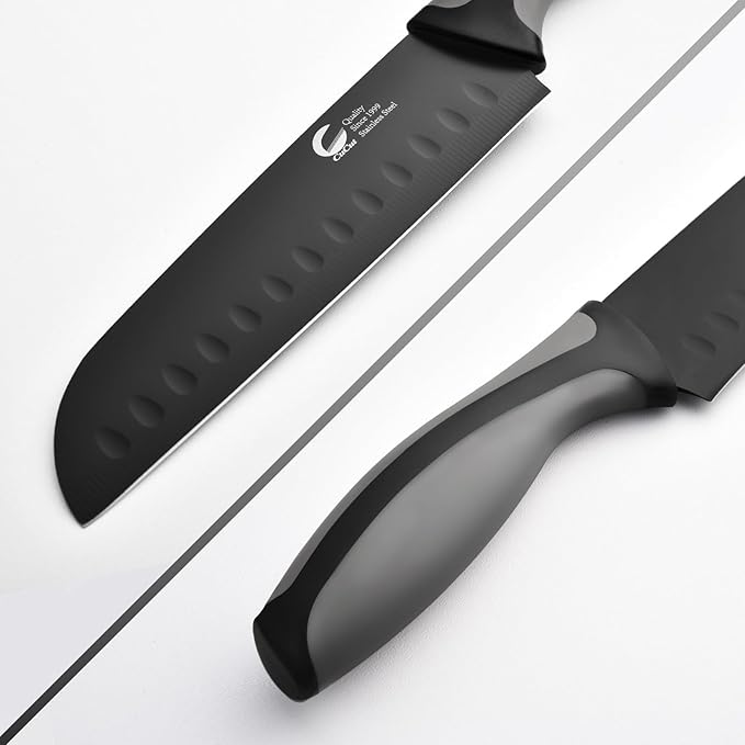 Kitchen Knife, 3-Pcs Black Knives Set with Multifunctional Kitchen Scissors, 6'' Santoku and 4'' Paring Knife for Chef Paring Cutting Slicing Dishwasher Safe (Anti-Slip Handle)
