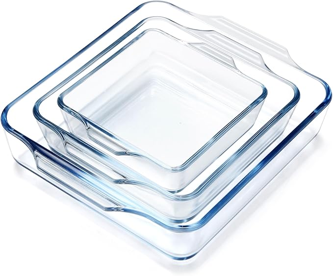 NUTRIUPS Mini Square Glass Baking Dish for Oven, Square Cake Pan Glass Casserole Dishes for Oven (4.5in+6in+7.5in)