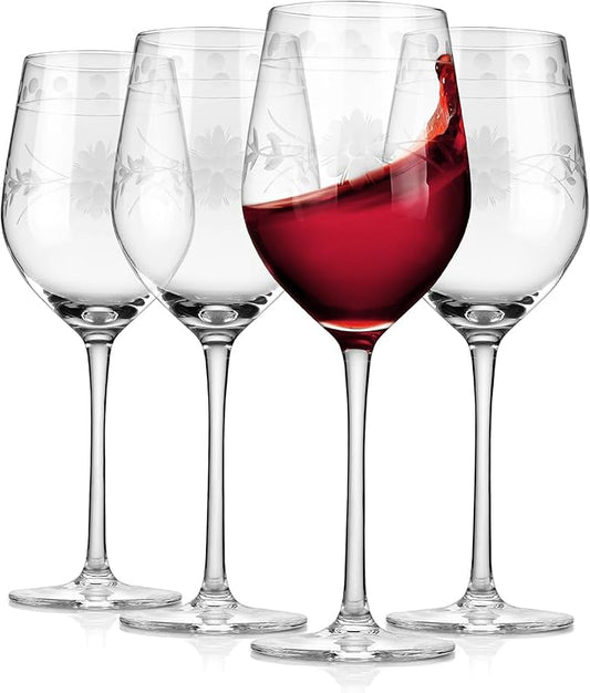 Royalrose Premium Delight Wine Glasses Set of 4,15 oz – Hand-Blown with Etched Long Stem, Classic Glassware for Weddings, Dinners, and Holiday Gifting (Red Wine Glass)