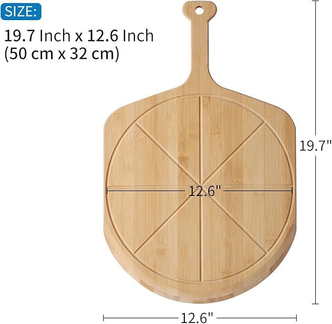 12.6” Bamboo Pizza Peel - Lightweight Smooth Wooden Pizza Paddle and Pizza Cutting Board with 8 Slice Grooves, Outdoor Pizza Oven Accessories, 19.7 Inch x 12.6 Inch