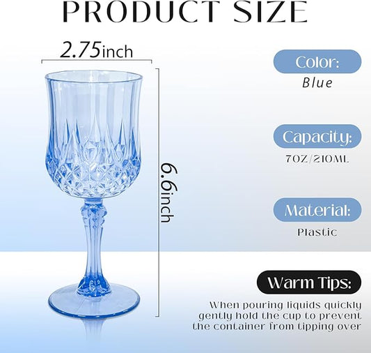 12 PCS Blue Plastic Wine Glasses Vintage Goblet, Reusable Drinkware Vintage, Plastic Blue Wine Glasses for Baby Shower Wedding Reception Grand Event Party, 7 OZ