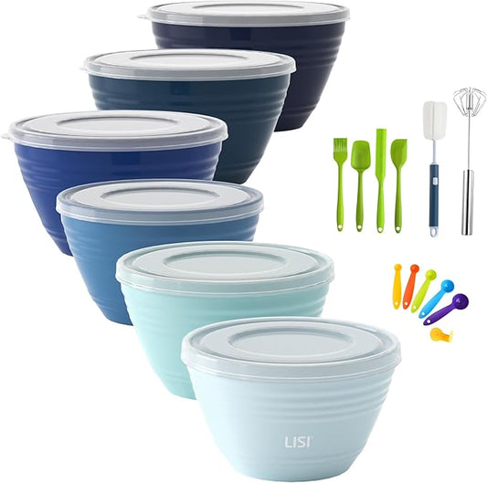 LISI 6 Pack Mixing Bowl Set with Lids, Plastic Bowls for Kitchen, Nesting Salad & Meal Prep Bowls, BPA-Free, Large Storage Bowl with Airtight Lids