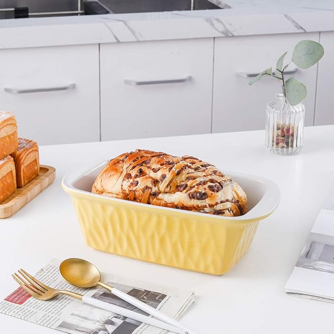 Ceramic Loaf Pan for Baking Bread, 9 x 5 inch Bread Pan, Rectangular Bread Loaf Pan, Ceramic Bakeware for Cooking, Home Kitchen, Bread Baking Pan Texture Series (Yellow)