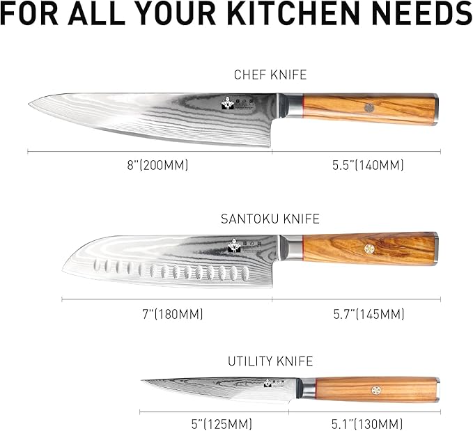 Damascus Kitchen Knife Set, Professional Chef Knife Set 67-Layer Damascus VG10 Steel, Olive Wood Handle with Gift Box, 3 Pieces