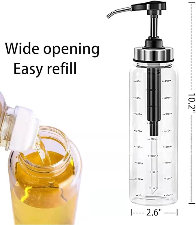 Condiment Press Bottles, Coffee Syrup Pump Dispenser- No Drip, Glass Pump Dispenser 17 OZ, Dispenser Great for Ketchup, Salad, BBQ Sauce,Honey, Oyster Sauce, Oil.(2 Pack)