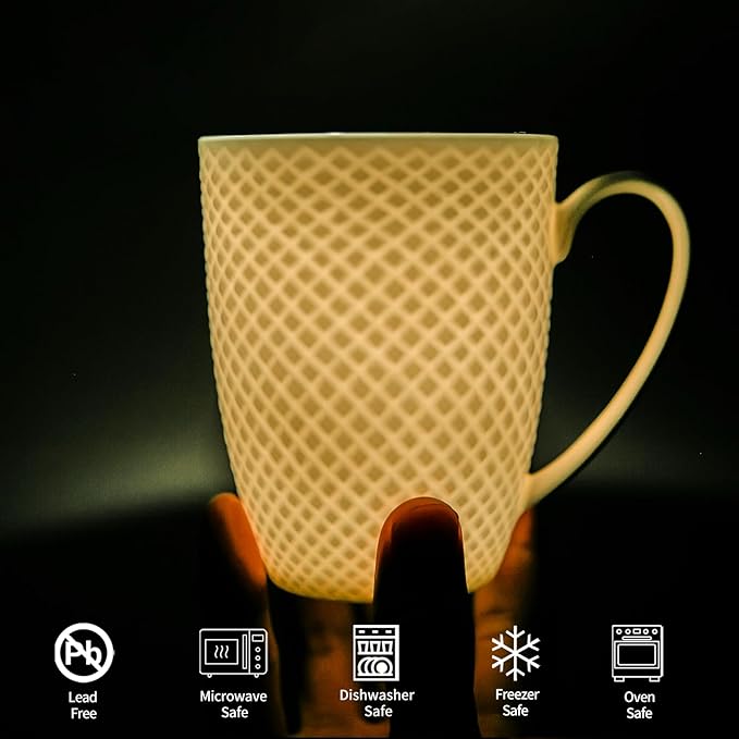 12 Oz Coffee Mugs Set of 6, Fine Bone China Mugs, White Ceramic Coffee Cups, Rhombus Relief Texture, Lightweight Tea Mugs for Latte, Hot Cocoa, Women, Men