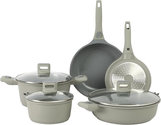 Sur La Table Kitchen Essentials 13 Piece Detachable Handle Pots and Pans Premium PFA Free Premium Ceramic Non Stick Induction Safe and Secure Removable Handle Cookware Set - Juniper Green