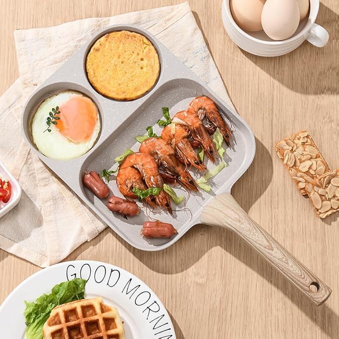 CLANK 3-in-1 Non-stick Egg Frying Pan with Detachable Heat-resistant Handle Multi-functional 3-section Breakfast Pan Portable for Dormitory Use, Suitable for Gas Stove and Induction Cooker