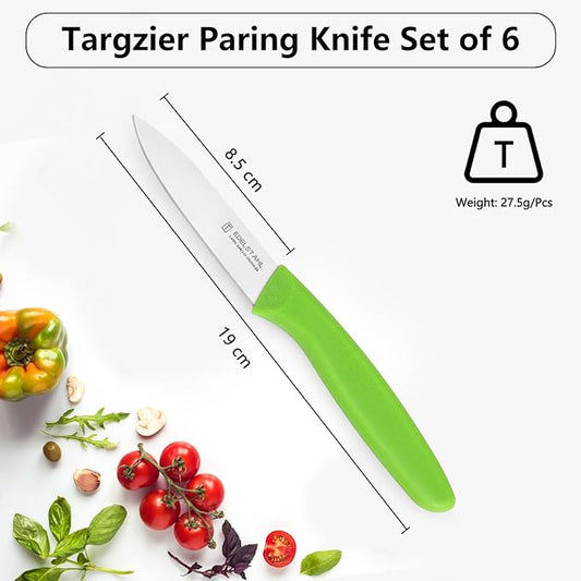 Premium Paring Knife, Stainless Steel Paring Knives Set of 6,Sharp Vegetable&Fruit Knife,Small Knife Set,Ergonomic Handle Paring Knives,Straight Edge Peeling Knifes,Green&Dishwasher Safe