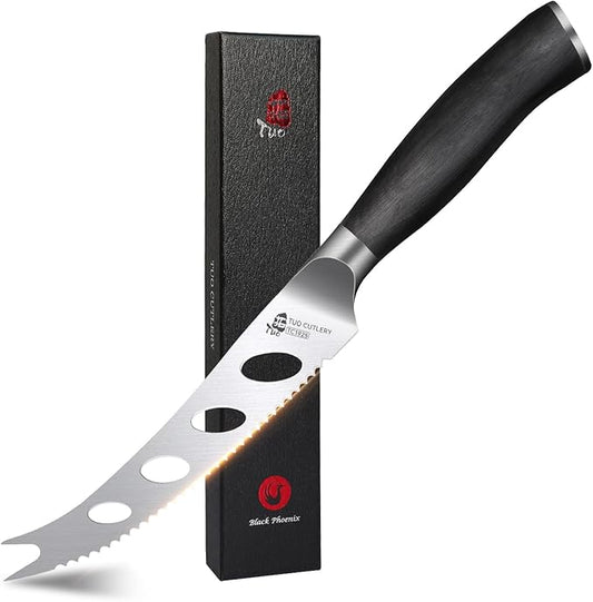 TUO Cheese Knife, 5 inch Tomato Knife Fruit Knife Small Kitchen Knife, German Stainless Steel Hollow Blade, Ergonomic Full Tang Handle with Gift Box, Black Phoenix Series