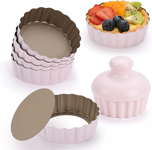 Mini Round Tart Pan with Removable Bottom, Nonstick Mini Pie Pans for Baking, Carbon Steel Quiche Pan Set for Cupcake Muffin Cakes and Desserts, Including 6 Tart Pan and 1 Tart Tamper (Pink)