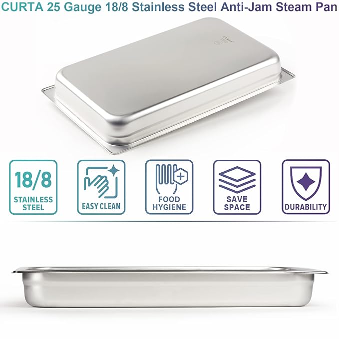 CURTA 6 Pack Full Size 2.5" Deep Anti-Jam Hotel Pans, NSF Certified 18/8 Stainless Steel Steam Table Food Pans for Catering, Buffet, Restaurant, Commercial Kitchen, Dishwasher Safe, Freezer Safe