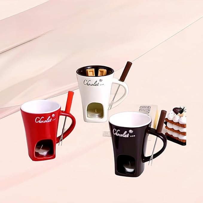 Chocolate Melting Mug Cheese Candy Mini Fondue Pot With Forks (Brown)