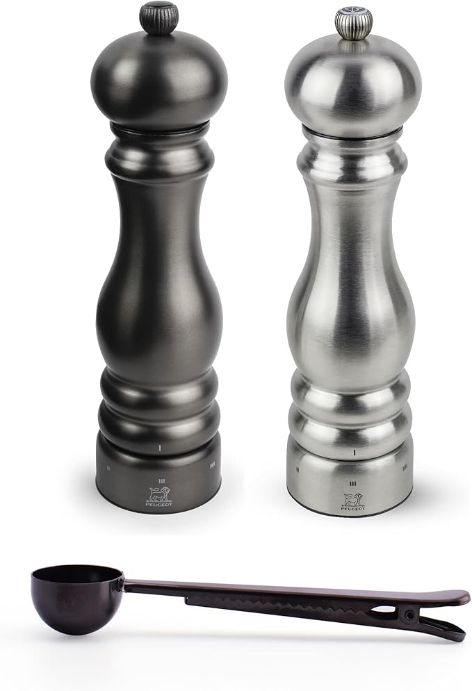 Peugeot Paris u'Select 6 Setting Manual Salt & Pepper Mill Set With Black Stainless Steel Spice Scoop Made In France (Silver & Carbone, 9- Inch)