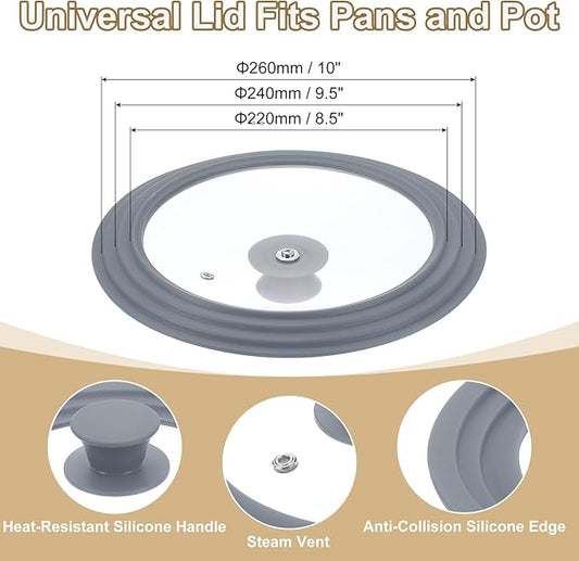 uxcell 1Pcs Universal Lid for Pot Fit 8.5, 9.5, 10 Inch Diameter Cookware, Replacement Pan Lids with Heat Resistant Silicone Rim, Steam Vent Pan Lid for Pots, Frying Pans, Skillets, Gray