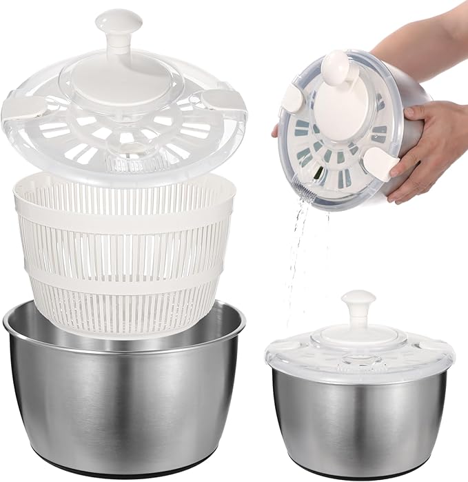 Stainless Steel Salad Spinner 5 L, 360° Quick Spin Function, BPA-Free Lid, Anti-Slip Base, Removable Design for Fruits, Vegetables, Pasta, and More