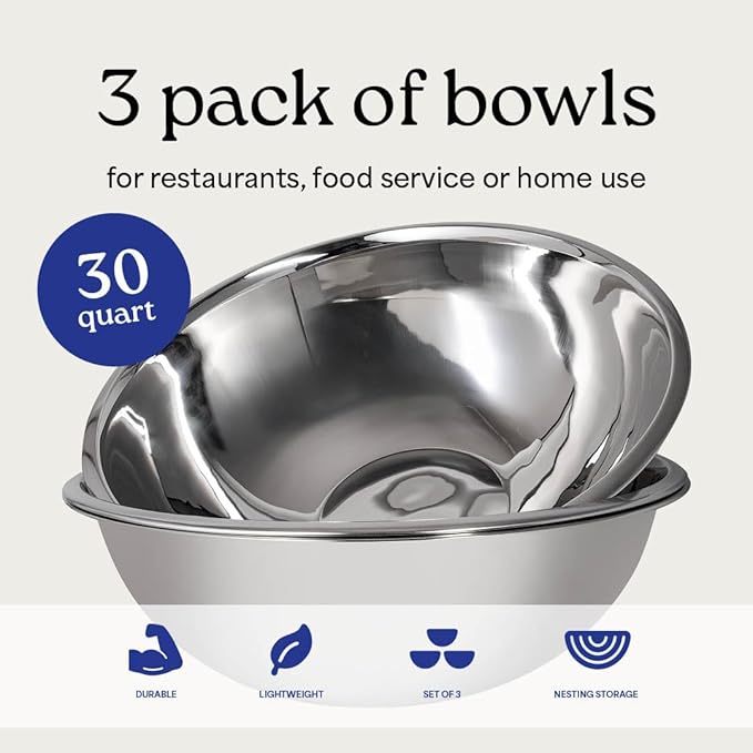 WHYSKO® Large Mixing Bowls, Set of 3 Stainless Steel 30 Quart Bowls for Restaurants, Food Service, Caterers and Home Kitchen Use, Rust Proof Bowls Great for Meal Prep, Baking, Serving, Food Storage