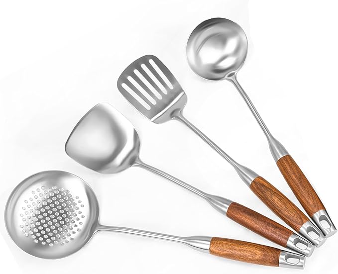 18/10 Stainless Steel Kitchen Utensils Set 4 Pcs Cooking Utensil with Wood Handle, 15” Long Handle Spatula, Soup spoon, Leaking shovel, Kitchen Tools Set (Wood handle - 4 Piece)