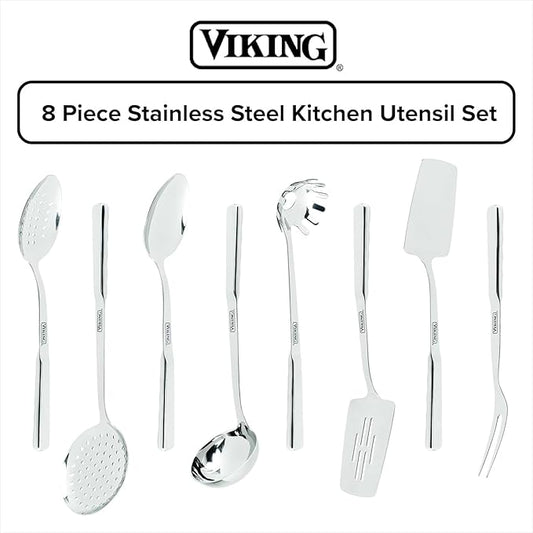 Viking Stainless Steel Kitchen Essentials Bundle – 3-Piece Cookware Set with 8 Cooking Utensils, 4.8 Qt Sauté Pan & Lid, 3.4 Qt Sauce Pan & Lid – Induction Ready, Oven & Dishwasher Safe