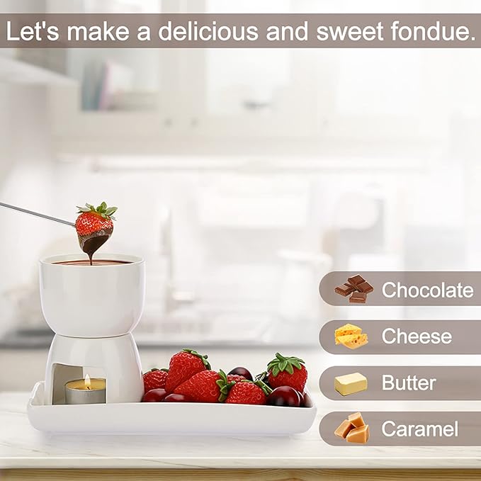 150ML Ceramic Butter Warmer Set with Ceramic Rectangle Dish, Mini Fondue Pot Melting Pot Set, Melt Hot Pot Bowl Set For Cheese Chocolate Butter Caramel, with 2 Forks