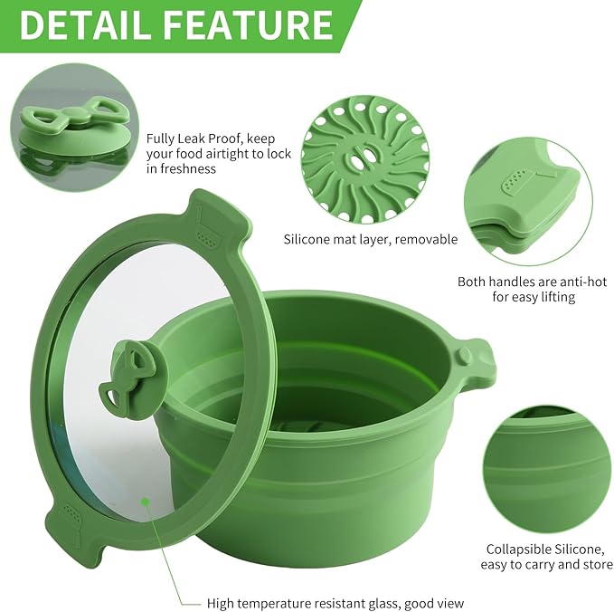 Collapsible Silicone Microwave Cookware Cooker Steamer for Cooking with Lids, 0.8L and 1.4L Glass Food Storage Container Sealed Bowl Mixing Bowls 3pc Set BPA Free