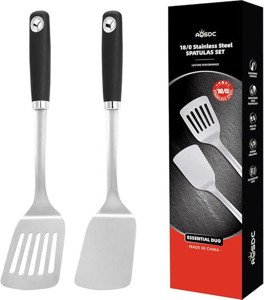 2 Pcs Stainless Steel Spatulas Set,14.2 Silver Slotted Turner, Solid Turner, Kitchen Cooking Utensils Set, High Heat Resistant, Grilling Frying Serving Food, Easy to Clean