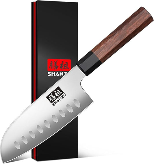 SHAN ZU 5 Inch Santoku Knife for Small Hands, Japanese High Carbon Steel Kitchen Knife, Multi-function Mini Size Sharp Chef Knives with Ergonomic Red Sandalwood Handle, Sashimi Knives