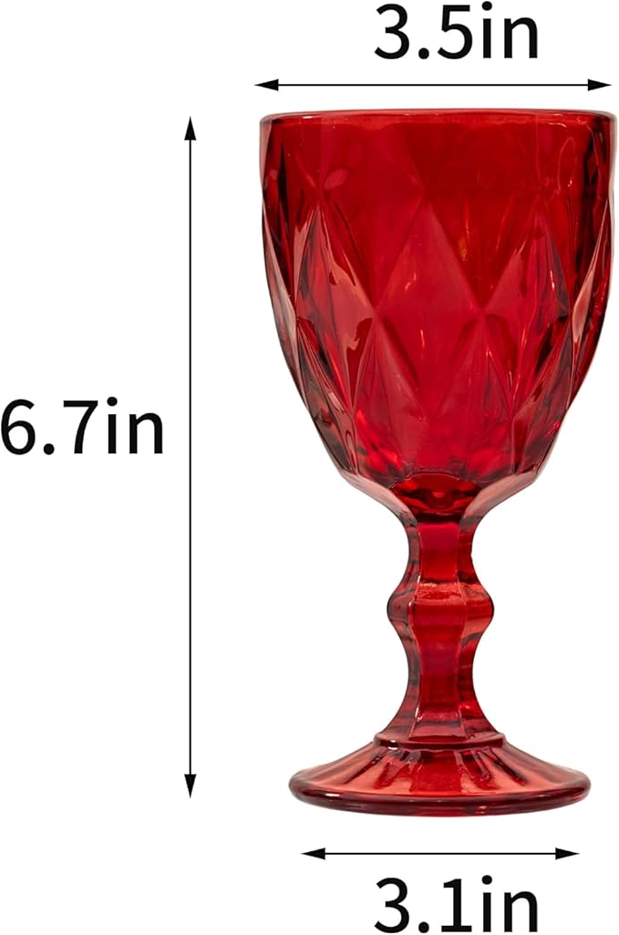 12 Pcs Vintage Wine Glasses, 10 Ounce Colored Glass Water Goblets, Unique Embossed Pattern High Clear Stemmed Glassware Wedding Party Bar Glass Drinking Cups Fancy Wine Glasses Red Set of 12