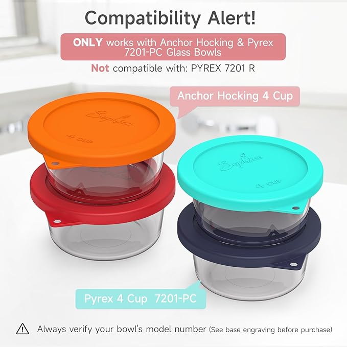 Sophico 4 Cup Round Silicone Storage Cover Lids Replacement for Anchor Hocking and Pyrex 7201-PC Glass Bowls (Container not Included) (Red-2 Pack)