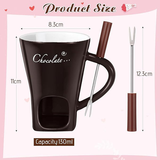 Honeydak Chocolate Fondue Mug with Fork and Candle Sweet Ceramic Personal Chocolate Melting Cup Chocolate Fondue Mug Ideal Gifts for Birthday Date Night Birthday Wedding Gifts (Brown)