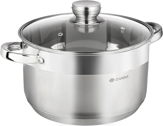 Daniks Standard Stainless Steel Stock Pot with Glass Lid – Induction 7 Quart, Dishwasher Safe, Measuring Scale, For Soup, Pasta, Stew, Silver