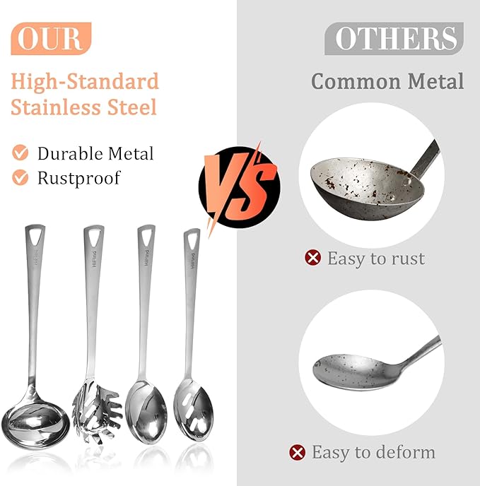 4PCS Cooking Utensils Set, Stainless Steel Kitchen Utensils Set, Durable Kitchenware Set for Cooking, Utensils Set with Slotted Serving Spoon, Spaghetti Fork, Ladle, Solid Serving Spoon