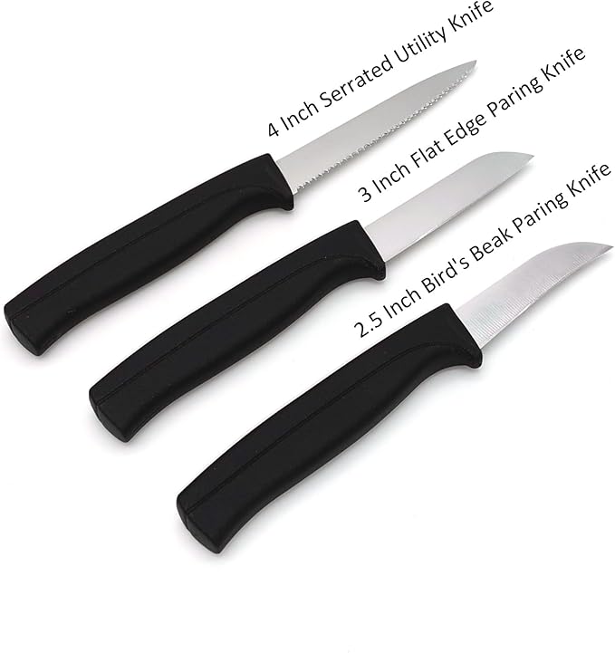 Paring Knife Set, MATTSTONE HILL Kitchen Knife Set - 4" Serrated Utility, 3" Fruit and Vegetable Knife, 2.5" Peeling Knife, Premium Stainless Steel, Semi Soft Handle, Black