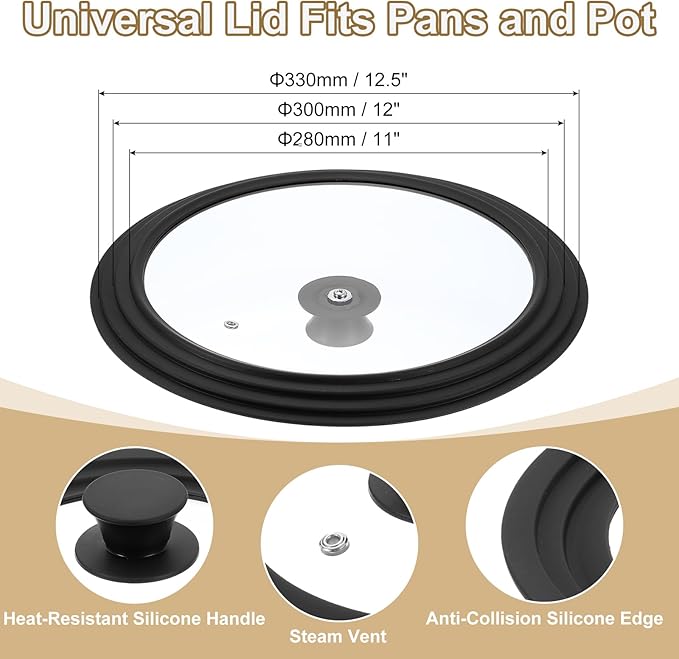 uxcell 1Pcs Universal Lid for Pot Fit 11, 12, 12.5 Inch Diameter Cookware, Replacement Pan Lids with Heat Resistant Silicone Rim, Steam Vent Pan Lid for Pots, Frying Pans, Skillets, Black