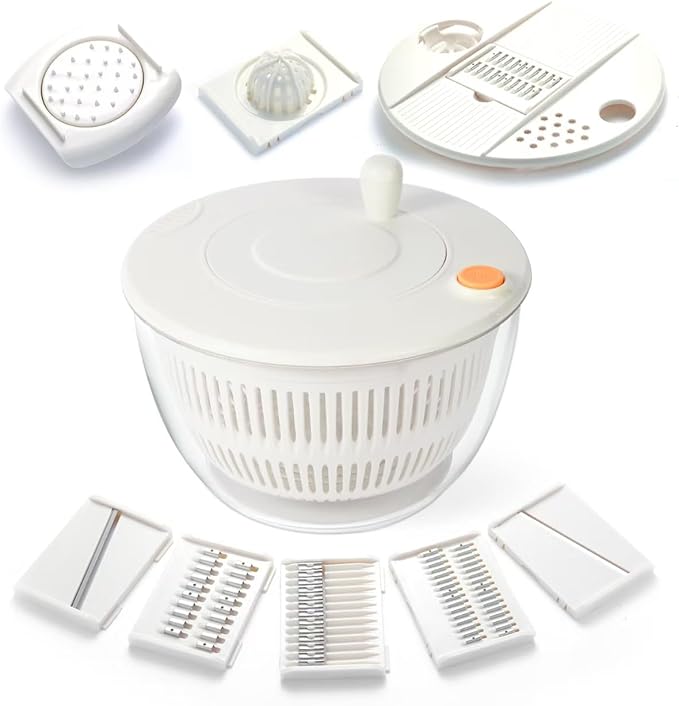Large Salad Spinner and Slicer - 5.3 Qt, Grater with Container and Lid & Kitchen Gadget set, Vegetable Dryer Grater, with Fruits Wash Bowl, with Slicer and Shredder (Ivory White)