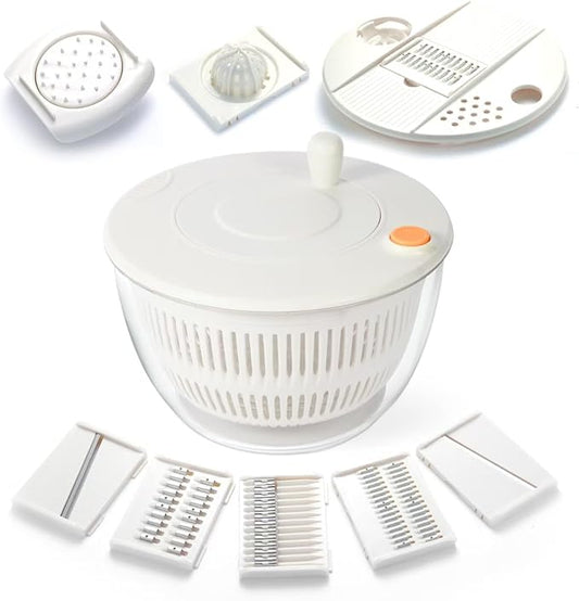 Large Salad Spinner and Slicer - 5.3 Qt, Grater with Container and Lid & Kitchen Gadget set, Vegetable Dryer Grater, with Fruits Wash Bowl, with Slicer and Shredder (Ivory White)