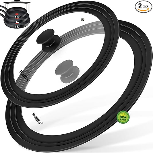 Walfos 2 Pcs Universal Pot Lids, Frying Pan Lid with Heat Resistant Silicone Rim, Fits All 10", 11", 12" to 13", 14", 15" Diameter Cookware, Pots, Pans and Skillets, BPA Free and Dishwasher Safe