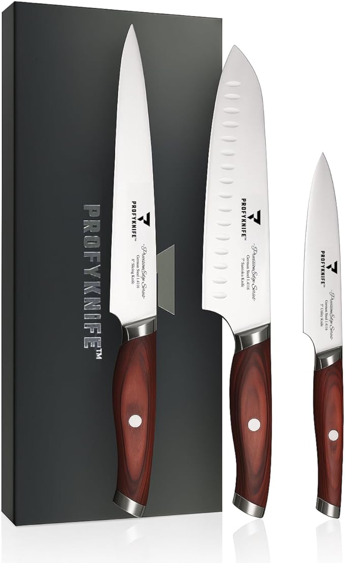 PrecisionEdge Ultra Sharp 3 Piece Knife Set Japanese Chef Knife Set Professional Slice Cooking with Red Pakkawood Handles Japanese Kitchen Knives Sets without block Culinary Chef Knives