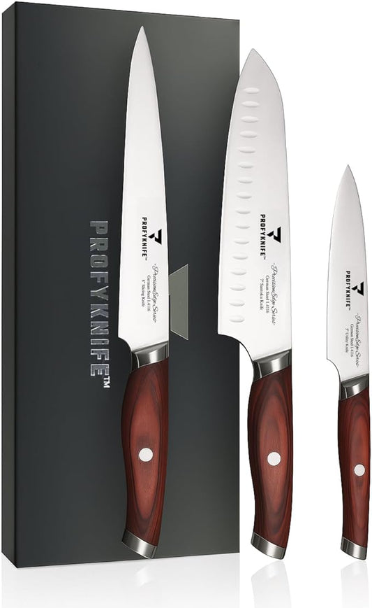 PrecisionEdge Ultra Sharp 3 Piece Knife Set Japanese Chef Knife Set Professional Slice Cooking with Red Pakkawood Handles Japanese Kitchen Knives Sets without block Culinary Chef Knives