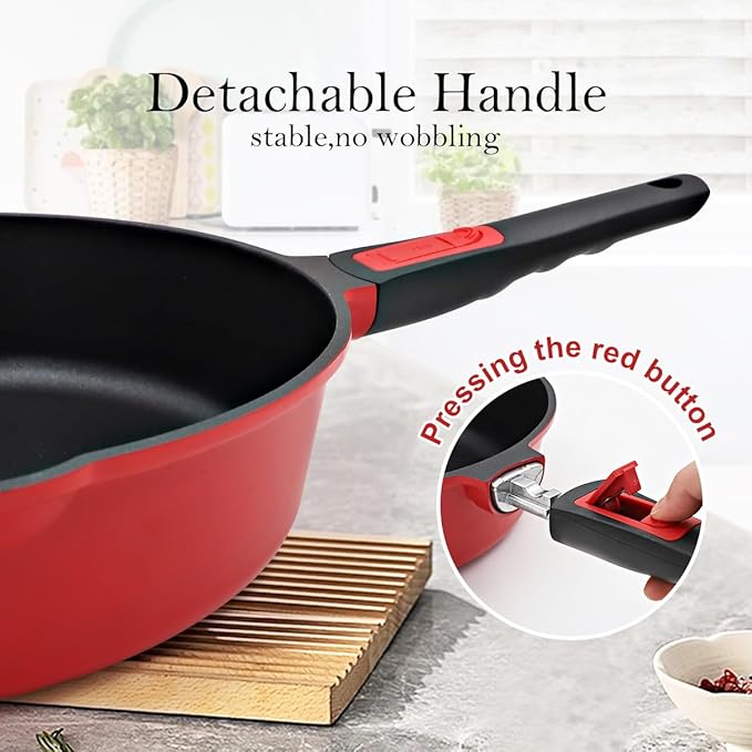 11 Inch Nonstick Deep Frying Pan with Lid, 4-Pc Set - (4.5 Qt Saute Pan with Lid, Steamer/Strainer Basket, Silicone Spatula), Skillet with Detachable Handle, Oven Safe, Non-Toxic