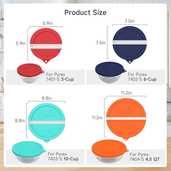 SOPHICO Silicone Replacement Lids for Pyrex Sculpted Glass & Tinted Glass Bowls Mixing Bowls(4 size)