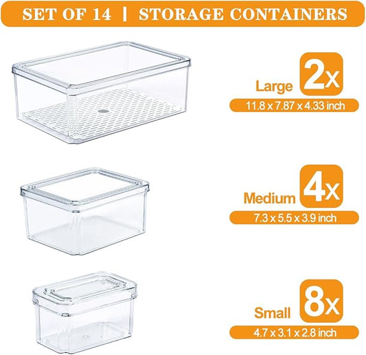 14 Pack Fridge Organizer, Stackable Refrigerator Organizer Bins with Lids PBA-Free, Clear Fridge Organizers and Storage for Kitchen, Countertops, Cabinets, Fridge, Drinks, Fruits, Vegetable, Cereals
