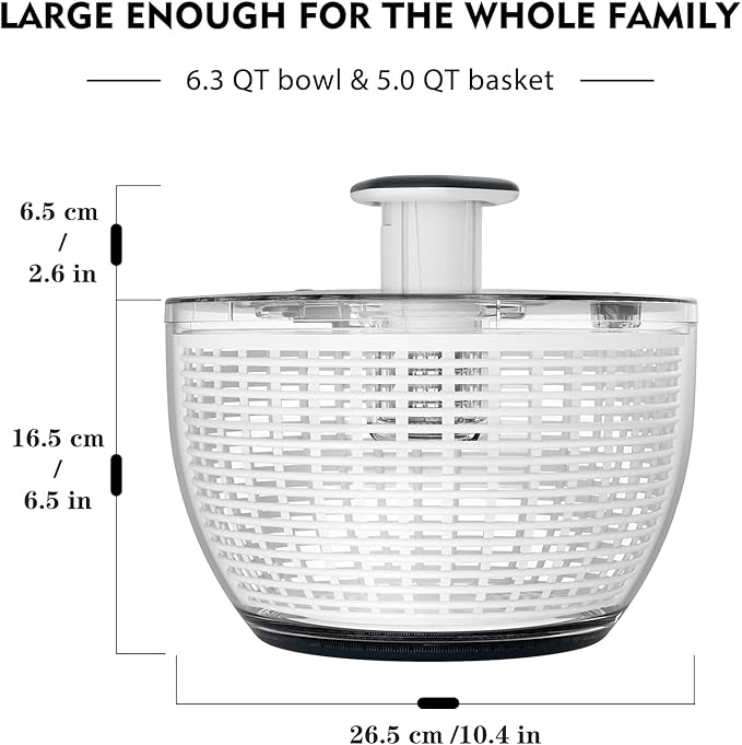 Ourokhome Salad Spinner Lettuce Dryer, One-handed Easy Press Large Vegetable Dryer Salad Mixer with Comfortable and Retractable Pusher and Brake Button for Greens, Herb, Berry, Fruits, 6.3 QT, Black