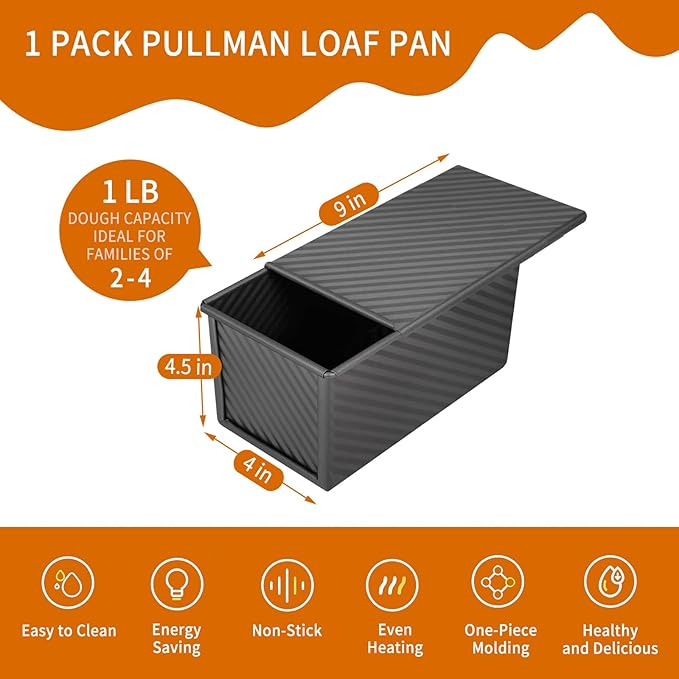 Pullman Loaf Pan with Lid, 9x4 inch (1 lb Dough Capacity), Non-Stick Sandwich Bread Loaf Pan for Homemade Baking Bread,Black-Carbon Steel